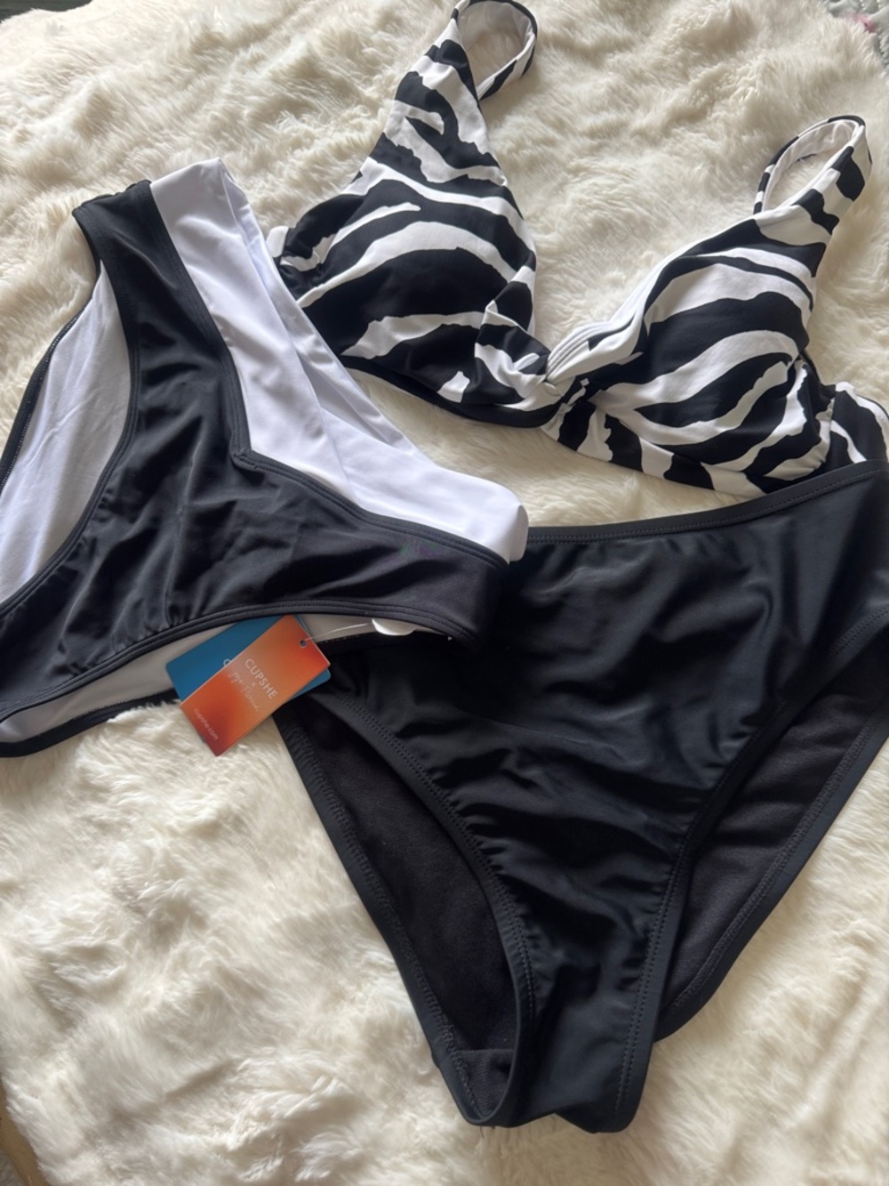 Liz Claiborne Black & White Zebra Print Swim Top with 2 mix and match bottoms
